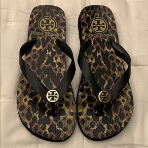 Tory Burch Black and Brown Leopard Flip Flops